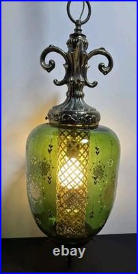 Vtg 1960s Green Flash Glass Painted Decal Swag Lamp MCM Hanging Pendant Light
