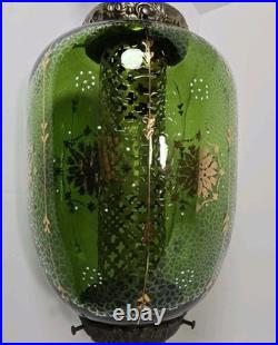 Vtg 1960s Green Flash Glass Painted Decal Swag Lamp MCM Hanging Pendant Light