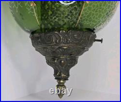 Vtg 1960s Green Flash Glass Painted Decal Swag Lamp MCM Hanging Pendant Light