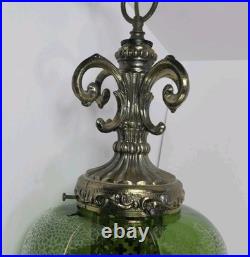 Vtg 1960s Green Flash Glass Painted Decal Swag Lamp MCM Hanging Pendant Light