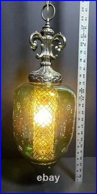Vtg 1960s Green Flash Glass Painted Decal Swag Lamp MCM Hanging Pendant Light