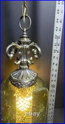 Vtg 1960s Green Flash Glass Painted Decal Swag Lamp MCM Hanging Pendant Light