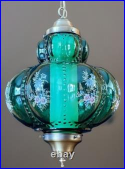 Vtg 1970's-80's Falkenstein Green Bubble Floral Glass Hanging Swag Light/Lamp