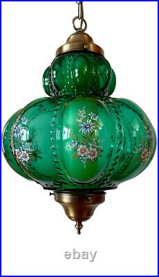 Vtg 1970's-80's Falkenstein Green Bubble Floral Glass Hanging Swag Light/Lamp