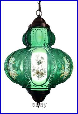 Vtg 1970's-80's Falkenstein Green Bubble Floral Glass Hanging Swag Light/Lamp