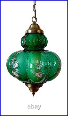 Vtg 1970's-80's Falkenstein Green Bubble Floral Glass Hanging Swag Light/Lamp