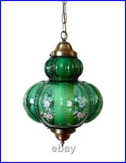 Vtg 1970's-80's Falkenstein Green Bubble Floral Glass Hanging Swag Light/Lamp