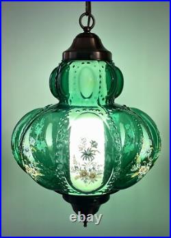 Vtg 1970's-80's Falkenstein Green Bubble Floral Glass Hanging Swag Light/Lamp