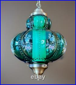 Vtg 1970's-80's Falkenstein Green Bubble Floral Glass Hanging Swag Light/Lamp