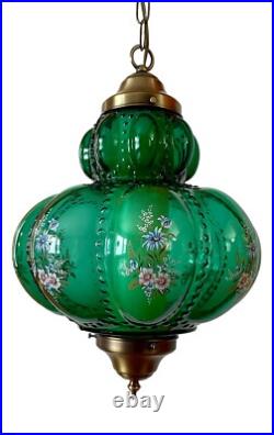 Vtg 1970's-80's Falkenstein Green Bubble Floral Glass Hanging Swag Light/Lamp