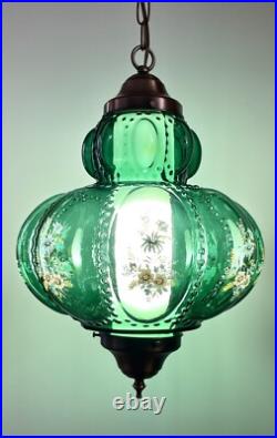 Vtg 1970's-80's Falkenstein Green Bubble Floral Glass Hanging Swag Light/Lamp