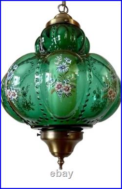 Vtg 1970's-80's Falkenstein Green Bubble Floral Glass Hanging Swag Light/Lamp