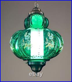 Vtg 1970's-80's Falkenstein Green Bubble Floral Glass Hanging Swag Light/Lamp