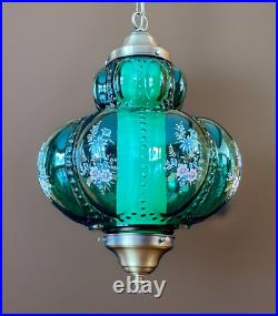 Vtg 1970's-80's Falkenstein Green Bubble Floral Glass Hanging Swag Light/Lamp