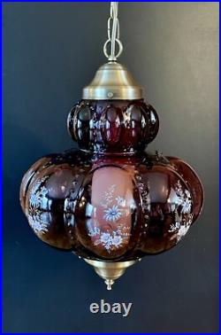 Vtg 1970's-80's Falkenstein Purple Bubble Floral Glass Hanging Swag Light/Lamp