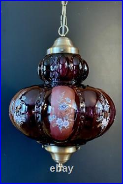 Vtg 1970's-80's Falkenstein Purple Bubble Floral Glass Hanging Swag Light/Lamp