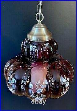 Vtg 1970's-80's Falkenstein Purple Bubble Floral Glass Hanging Swag Light/Lamp