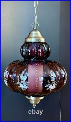 Vtg 1970's-80's Falkenstein Purple Bubble Floral Glass Hanging Swag Light/Lamp