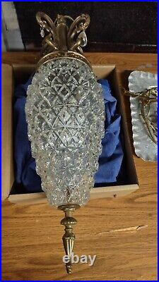 Vtg 20'' Pineapple Diamond Cut Glass Hanging Swag Lamp Light 1960's-70's