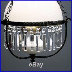 Vtg 24 White Hanging Parlor Lamp Prism Crystals Milk Glass Light Shade 3-Way