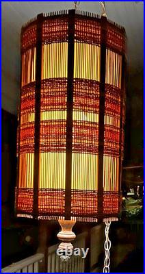 Vtg 28 MCM Woven Chenille & Wood Hanging Swag Lamp Cylinder Drum Shade Works