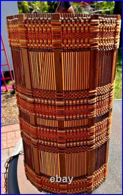 Vtg 28 MCM Woven Chenille & Wood Hanging Swag Lamp Cylinder Drum Shade Works