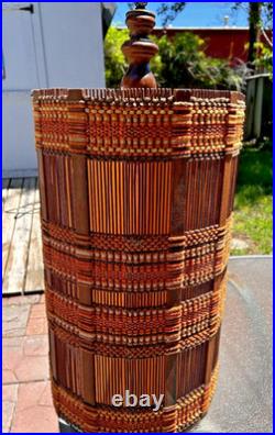 Vtg 28 MCM Woven Chenille & Wood Hanging Swag Lamp Cylinder Drum Shade Works