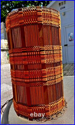Vtg 28 MCM Woven Chenille & Wood Hanging Swag Lamp Cylinder Drum Shade Works Vtg 28 MCM Woven Chenille & Wood Hanging Swag Lamp Cylinder Drum Shade Works