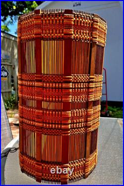 Vtg 28 MCM Woven Chenille & Wood Hanging Swag Lamp Cylinder Drum Shade Works