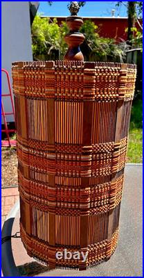 Vtg 28 MCM Woven Chenille & Wood Hanging Swag Lamp Cylinder Drum Shade Works