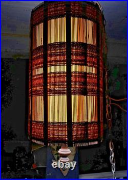 Vtg 28 MCM Woven Chenille & Wood Hanging Swag Lamp Cylinder Drum Shade Works Vtg 28 MCM Woven Chenille & Wood Hanging Swag Lamp Cylinder Drum Shade Works