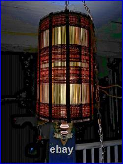 Vtg 28 MCM Woven Chenille & Wood Hanging Swag Lamp Cylinder Drum Shade Works