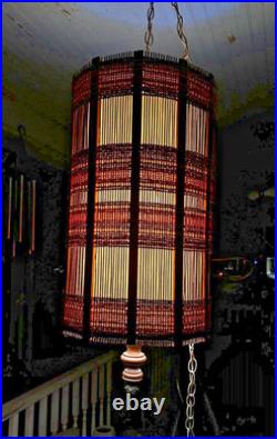 Vtg 28 MCM Woven Chenille & Wood Hanging Swag Lamp Cylinder Drum Shade Works