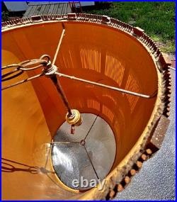 Vtg 28 MCM Woven Chenille & Wood Hanging Swag Lamp Cylinder Drum Shade Works