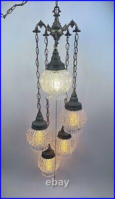 Vtg 5 Globe Swag Lamp Brass-tone Light Fixture Hollywood Regency with Pull Chain