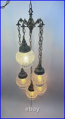 Vtg 5 Globe Swag Lamp Brass-tone Light Fixture Hollywood Regency with Pull Chain
