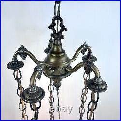 Vtg 5 Globe Swag Lamp Brass-tone Light Fixture Hollywood Regency with Pull Chain