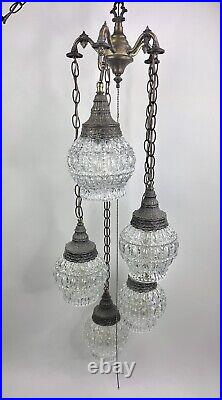 Vtg 5 Globe Swag Lamp Brass-tone Light Fixture Hollywood Regency with Pull Chain