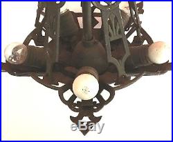 Vtg 5 Light Ceiling Fixture Chandelier Cast Iron Hanging Lamp Art Deco Nouveau