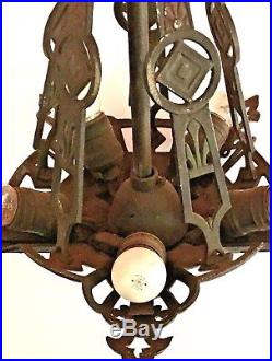 Vtg 5 Light Ceiling Fixture Chandelier Cast Iron Hanging Lamp Art Deco Nouveau