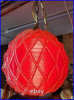 Vtg 60's MCM Spun Lucite Lattice Spaghetti Red Clear Hanging Lamp Light EX