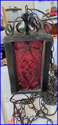 Vtg 60s MCM Red Spanish Revival Gothic Wood & Iron Hanging Pull Chain Swag Lamp