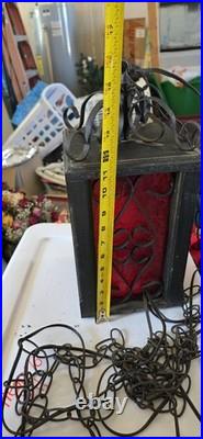 Vtg 60s MCM Red Spanish Revival Gothic Wood & Iron Hanging Pull Chain Swag Lamp