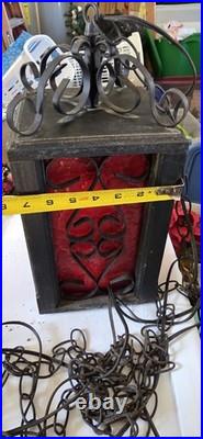 Vtg 60s MCM Red Spanish Revival Gothic Wood & Iron Hanging Pull Chain Swag Lamp