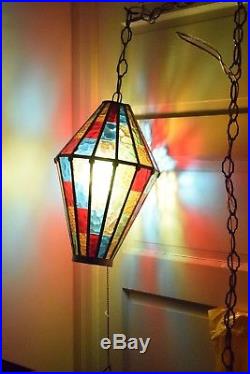 Vtg 60s Retro Stained Glass Hanging Swag Light Lamp Works Great