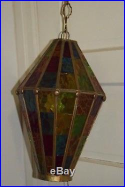 Vtg 60s Retro Stained Glass Hanging Swag Light Lamp Works Great