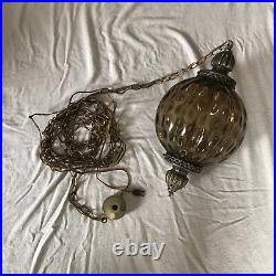 Vtg 60s Round Smoke ColoredGlass Hanging Swag Lamp Ceiling Mid Century Modern