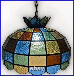 Vtg 88 Panel Stained Glass Hanging Lamp Multicolor Crown Shade Pure Glass 19