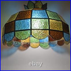 Vtg 88 Panel Stained Glass Hanging Lamp Multicolor Crown Shade Pure Glass 19