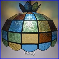 Vtg 88 Panel Stained Glass Hanging Lamp Multicolor Crown Shade Pure Glass 19